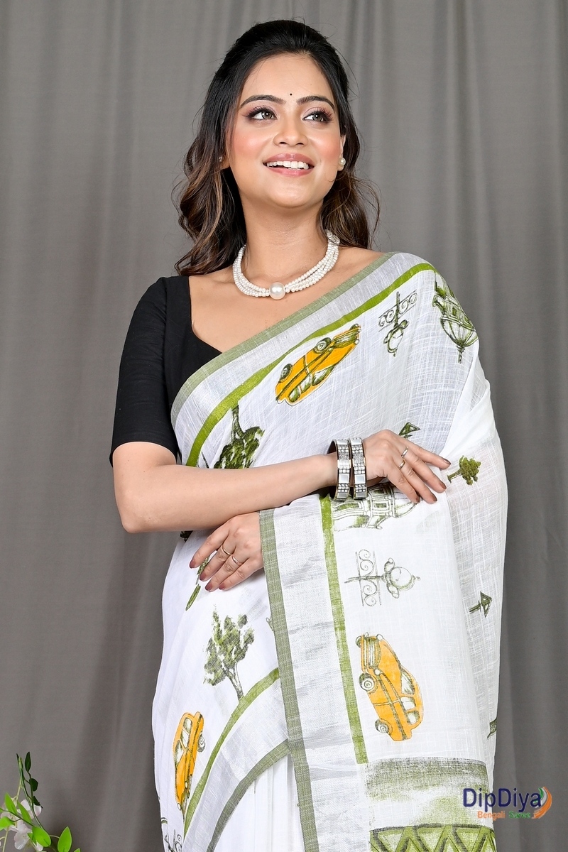 White Green Pure Cotton Soher Printed Handloom Saree (609)